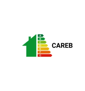 Logo de CAREB avec une maison verte et une échelle d'étiquette énergétique A à G