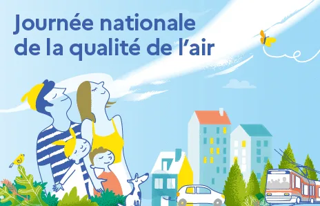 Visuel de la Journée nationale de la qualité de l'air avec une famille et une ville colorée