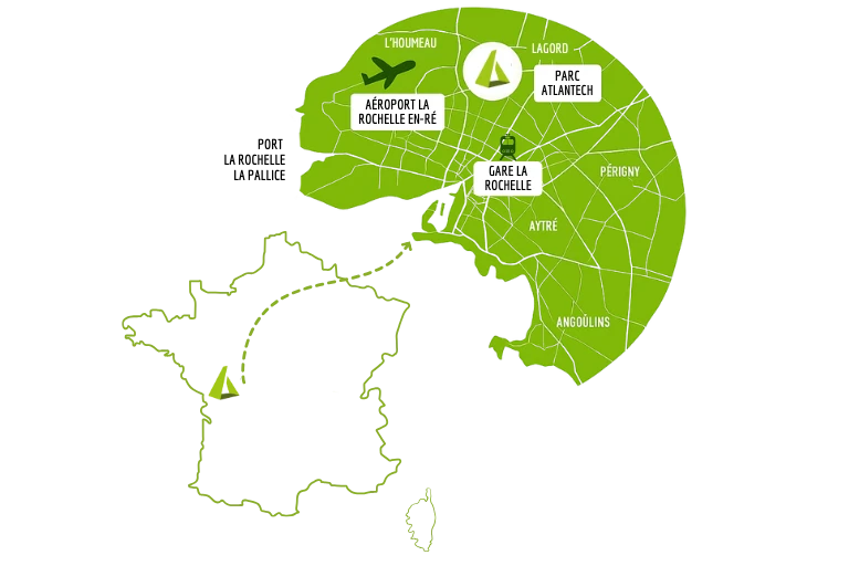 Carte de situation : Tipee se trouve au parc Atlantech, à Lagord, au nord de La Rochelle, sur la côte atlantique.